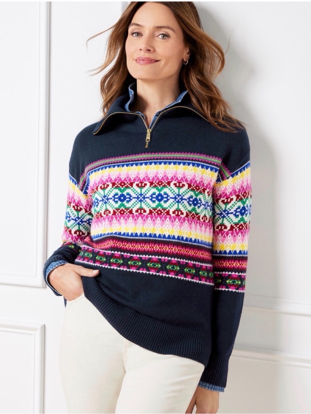 Talbots Fair Isle Half Zip Mockneck Sweater Navy Multicolor Wool Blend Medium